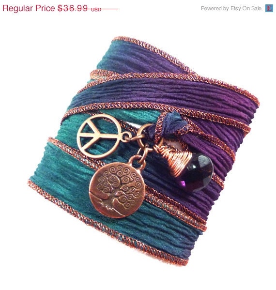 Tree of Life Silk Wrap Bracelet with Peace Sign and Amethyst, yoga jewelry, silk ribbon wrap bracelet, yoga bracelet