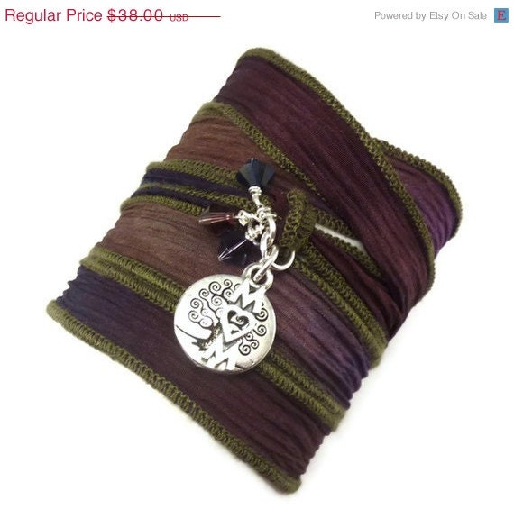 BIRTHDAY SALE Celebrity Mom Silk Wrap Bracelet for Mother's Day with Mom Charm, Tree of Life, and Swarovski Crystals