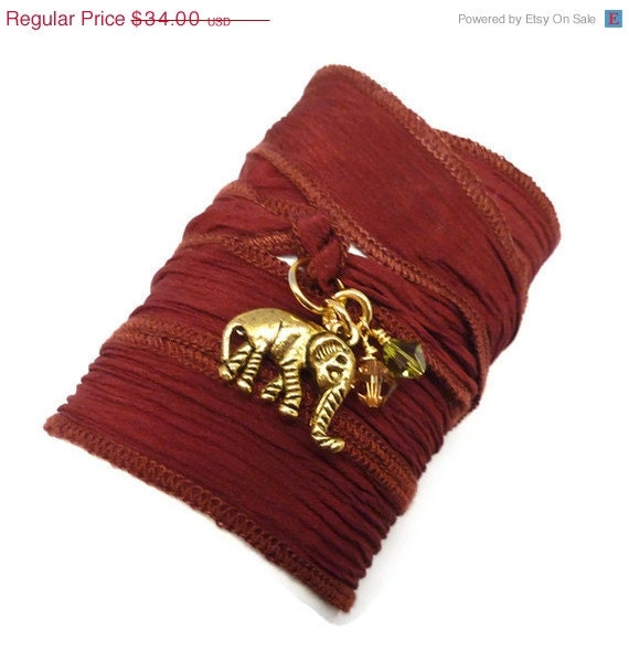 BIRTHDAY SALE Silk Wrap Bracelet with Lucky Elephant Charm,yoga jewelry,silk ribbon bracelet, yoga bracelet, boho chic, bohemian