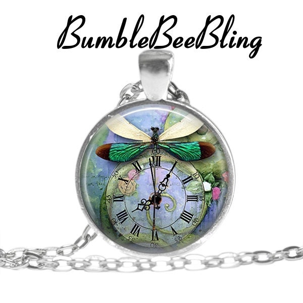 Steampunk Dragonfly Art Pendant - Green Dragonfly Necklace - Dragonfly Jewelry - Dragonfly Time Pendant