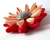 Kanzashi Brooch Pin Red and Peach Water Lily