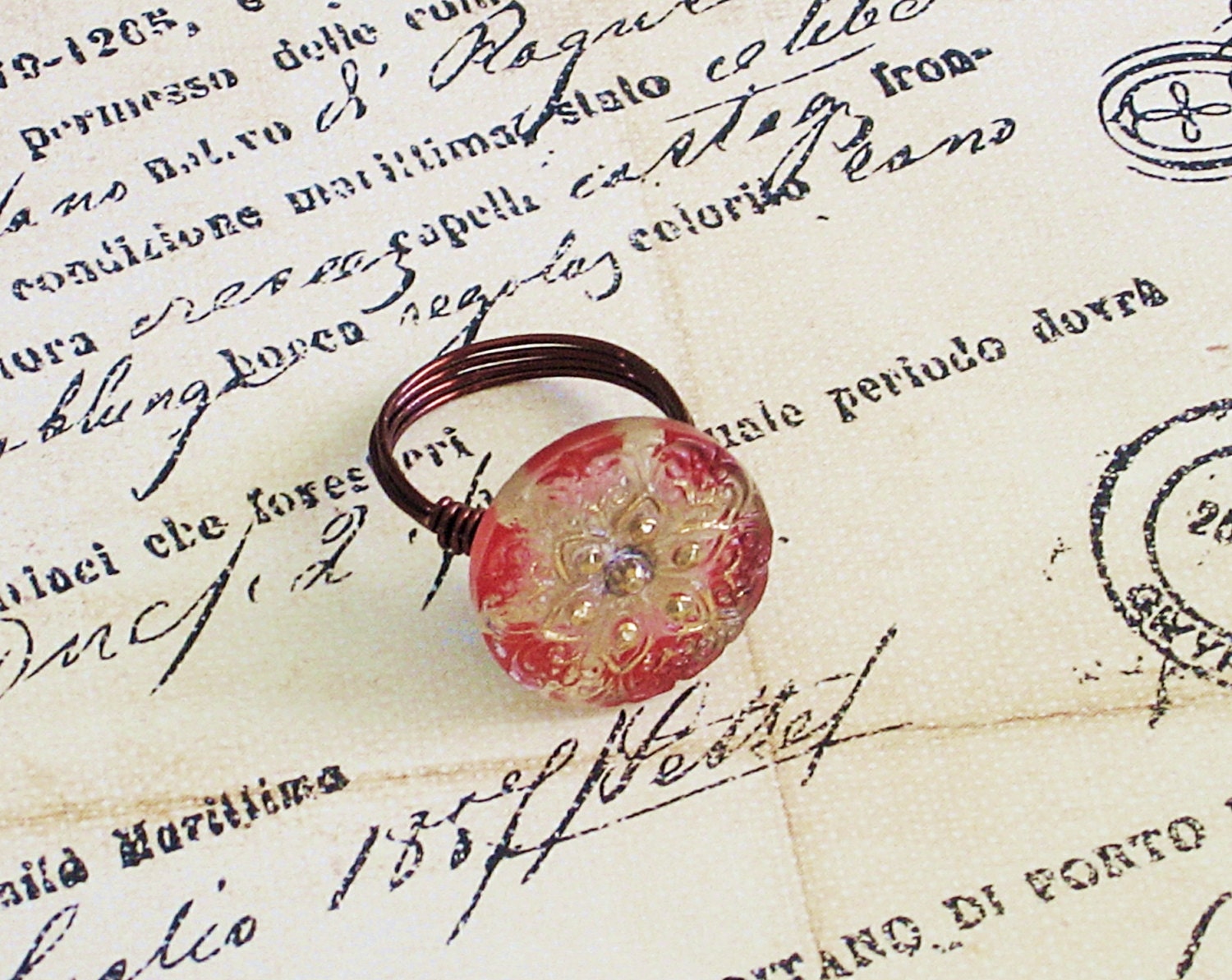 Red and Gold Czech Glass Button Ring, Button Jewelry, Upcycled Button Ring, Upcycled Jewelry
