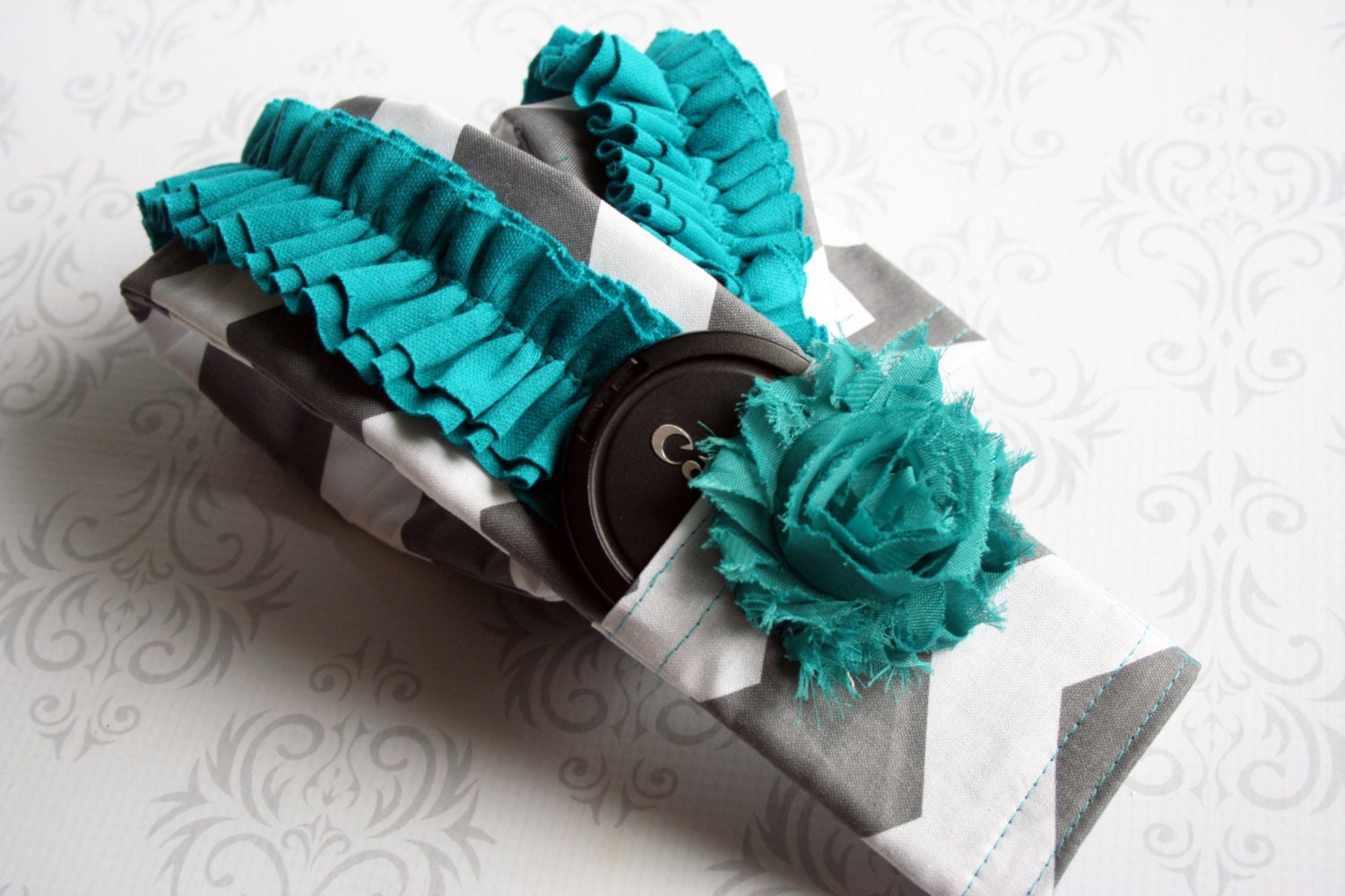 Ruffled Camera Strap Cover Padded with Lens Cap Pocket and Flower - Dark Gray Chevron with Teal Ruffle- MADE TO ORDER
