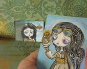 Steampunk ACEO Original acrylic paintings Mechanics of Pets Artist Cards Set of 2