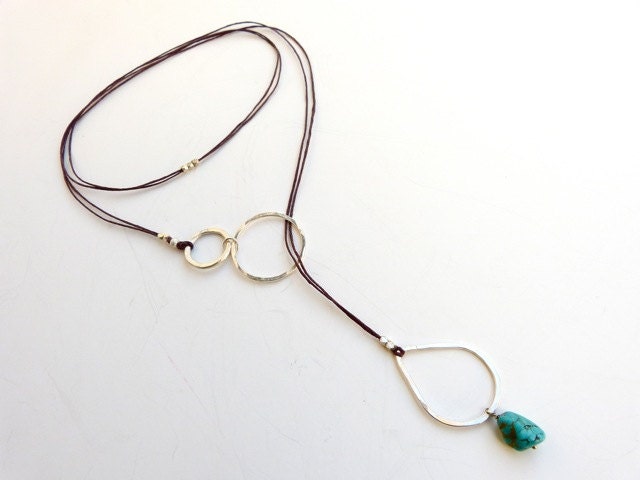 Turquoise And Silver Necklace Choker/Lariat with Sterling Silver Links and Hill Tribe Beads
