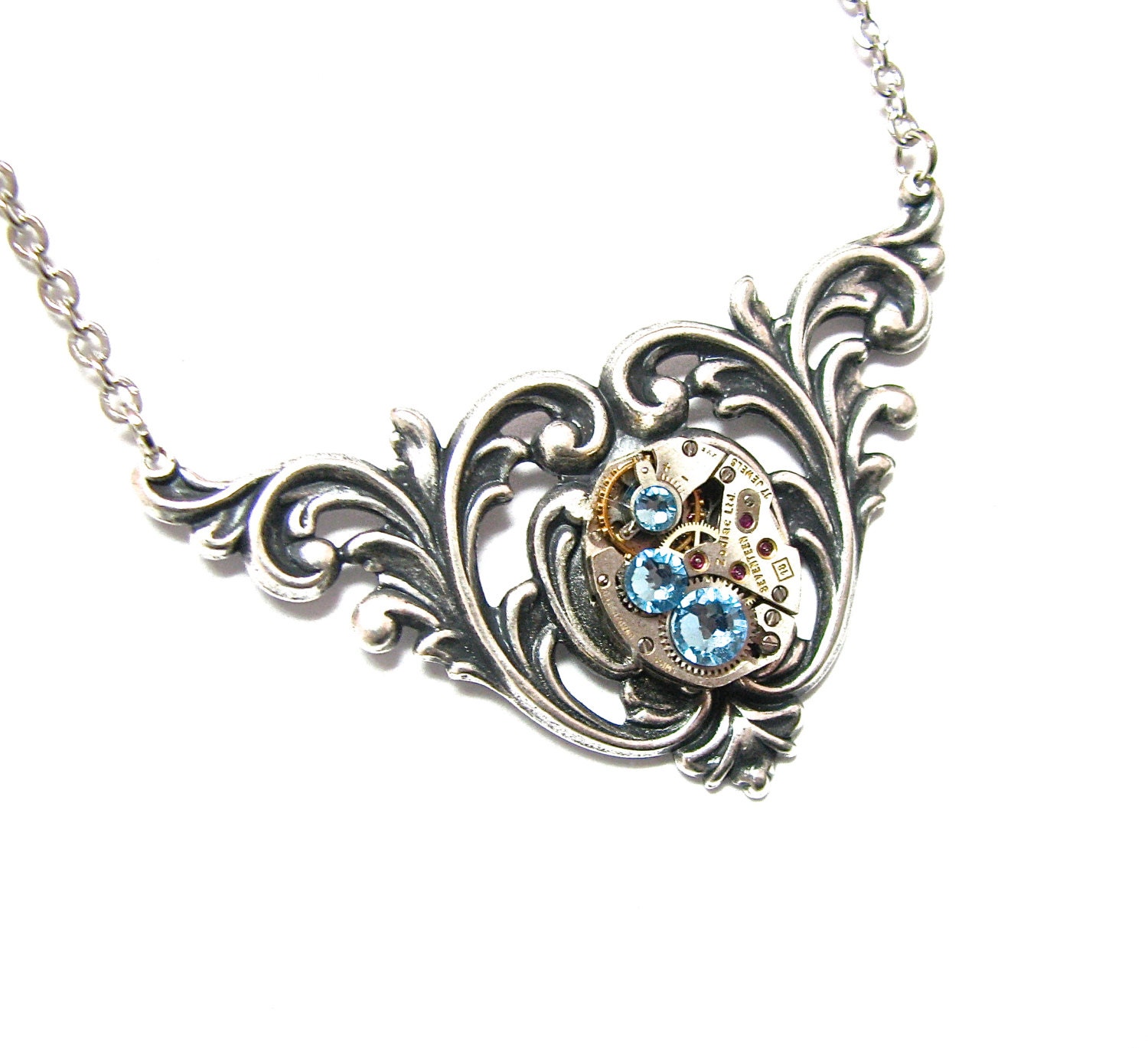 Steampunk Necklace Antiqued Silver Victorian Charm Finished with A GORGEOUS Jeweled Watch Movement -by Mechanique Steampunk