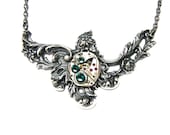 Steampunk Necklace Antiqued Silver Victorian Charm Finished with A GORGEOUS Watch Movement and Swarovski Crystal -by Mechanique Steampunk
