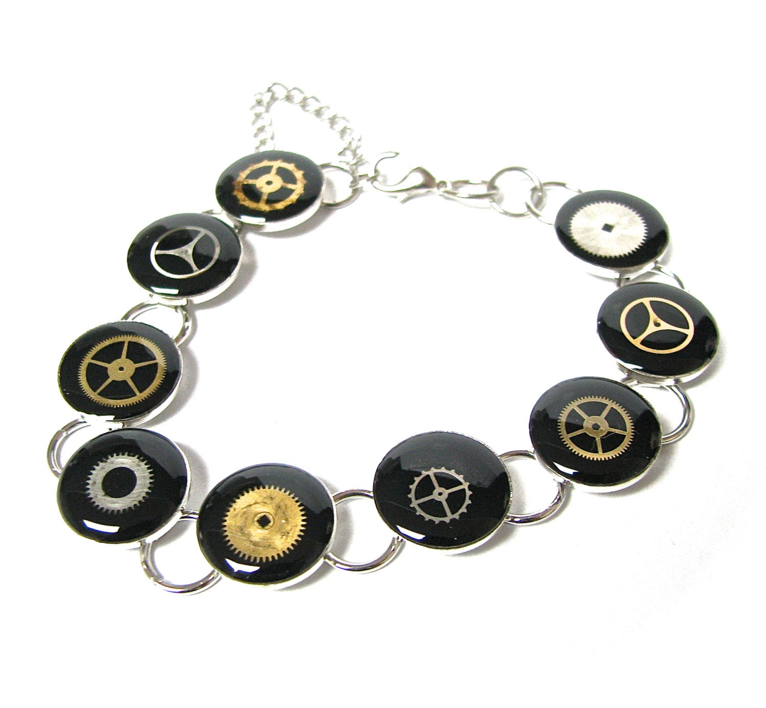 Steampunk Bracelet Silver Toned Bezel Bracelet with Watch Gears -by Mechanique Steampunk