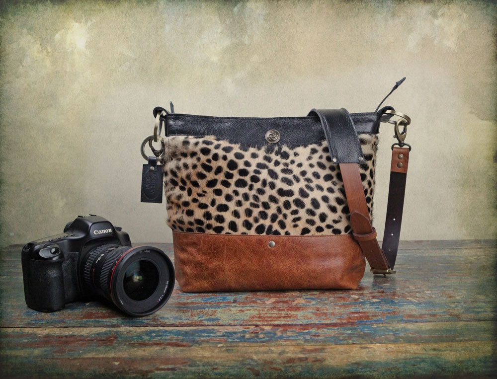 Leather Camera bag - Cheetah Cow Hair Convertible Handbag with Insert - Pre-Order