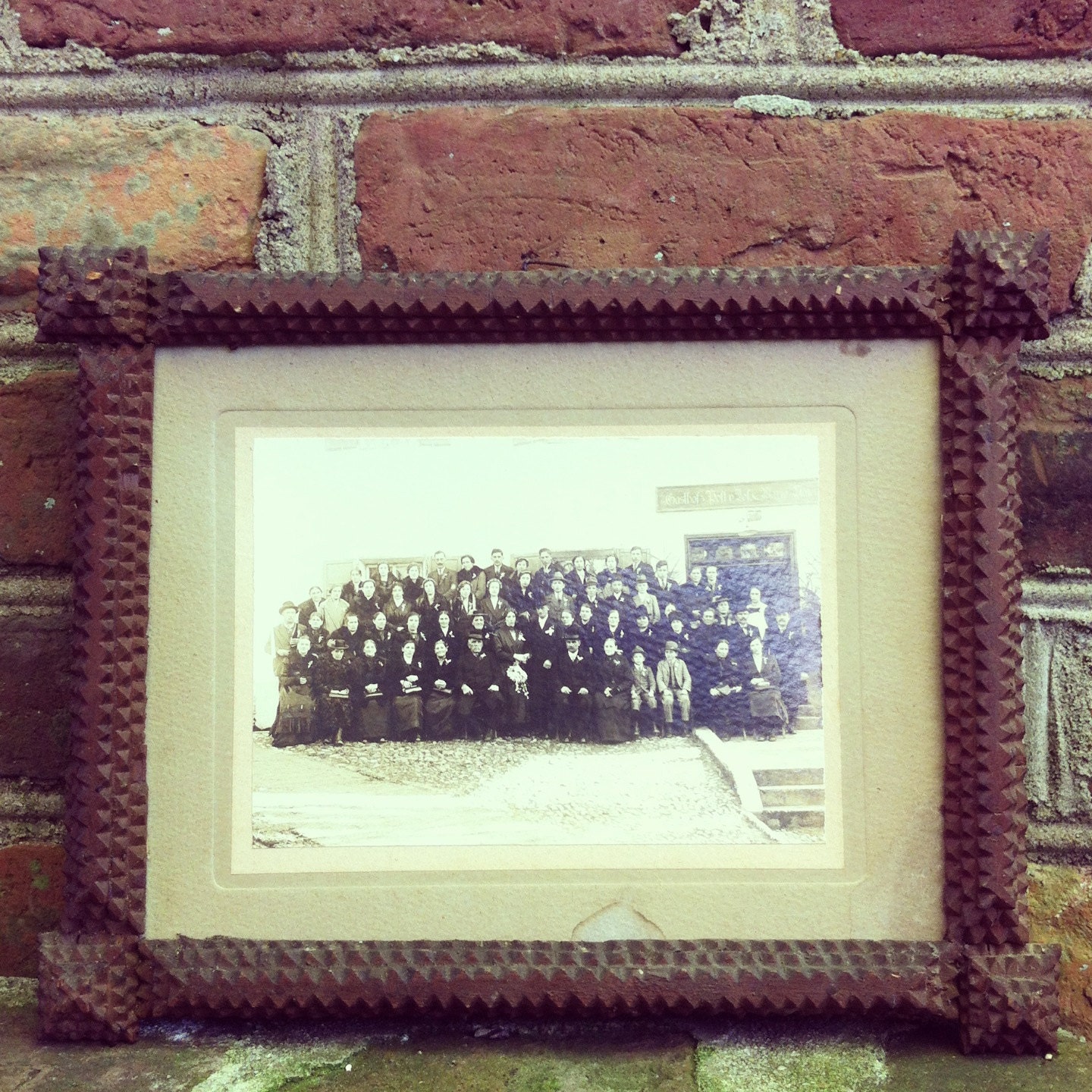 Antique European Group Photo in Tramp Art Frame