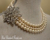 Wedding Necklace Earrings Set - Ivory Pearl and Silver or Gold Brooch - 3 mutli strands of Swarovski pearls - choice of Brooch and color