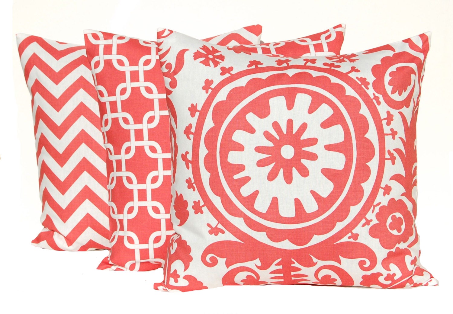 MEMORIAL DAY SALE Coral Pillows Decorative Throw Pillow Covers 20 x 20 Inches Set of Three Chevron Suzani Chain Link