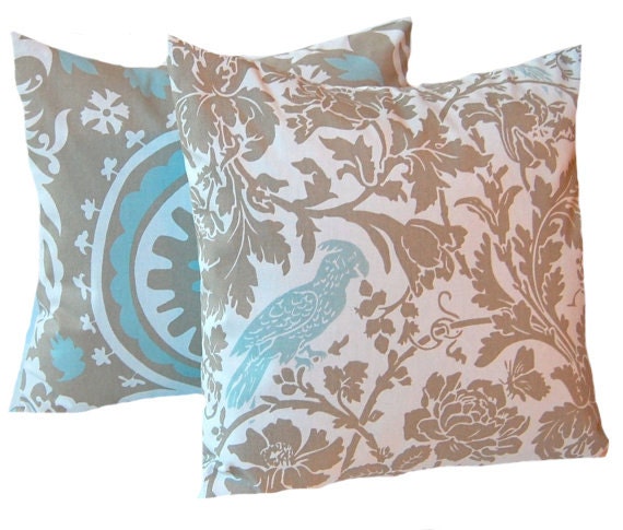 Decorative Throw Pillows  Accent Pillows Throw Pillow Cushion Covers 20 x 20 Inches - Combo Taupe and White with Aqua Suzani and Bird
