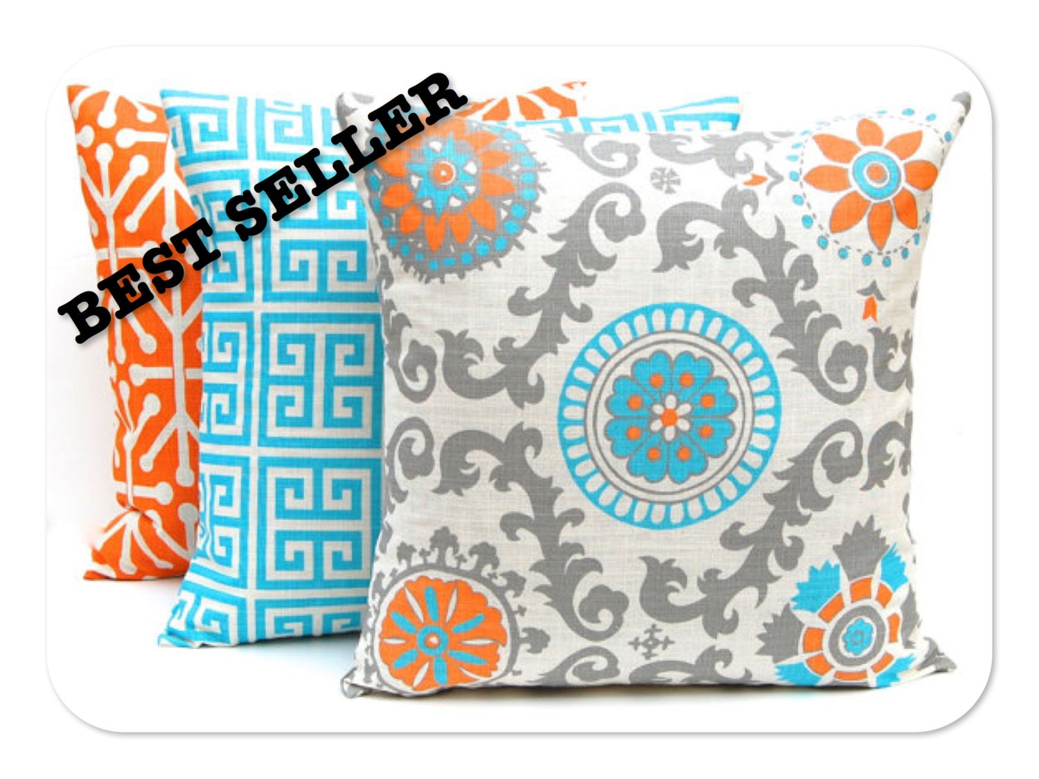 Decorative Throw Pillow Covers Set of Three Turquoise, Orange and Gray on Natural 18 x 18 Inches Suzani Greek Key Jacks