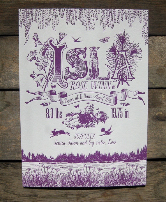 Springtime Napping Little Girl Custom Design Letterpress Birth Announcements