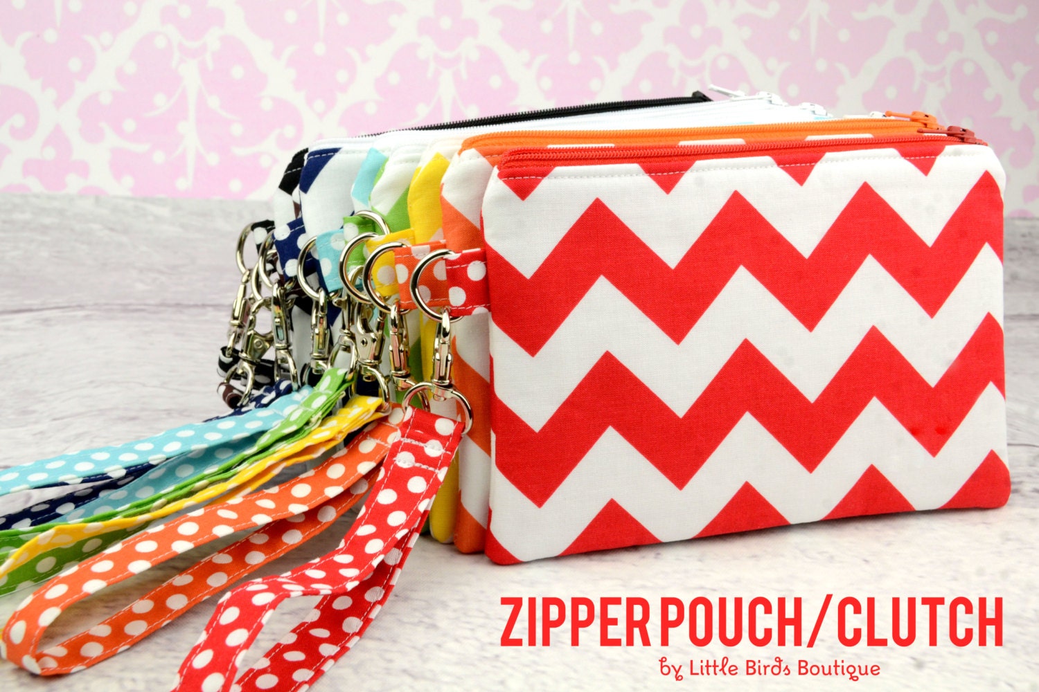 Zipper Pouch, Coin Purse, Card Case, Clutch in Chevron Red, Orange, Yellow, Green, Turquoise, Navy, Brown, Black
