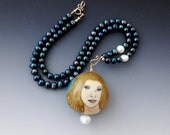 Pendant Necklace Stylized Woman Peacock Pearls Gold Filled Findings