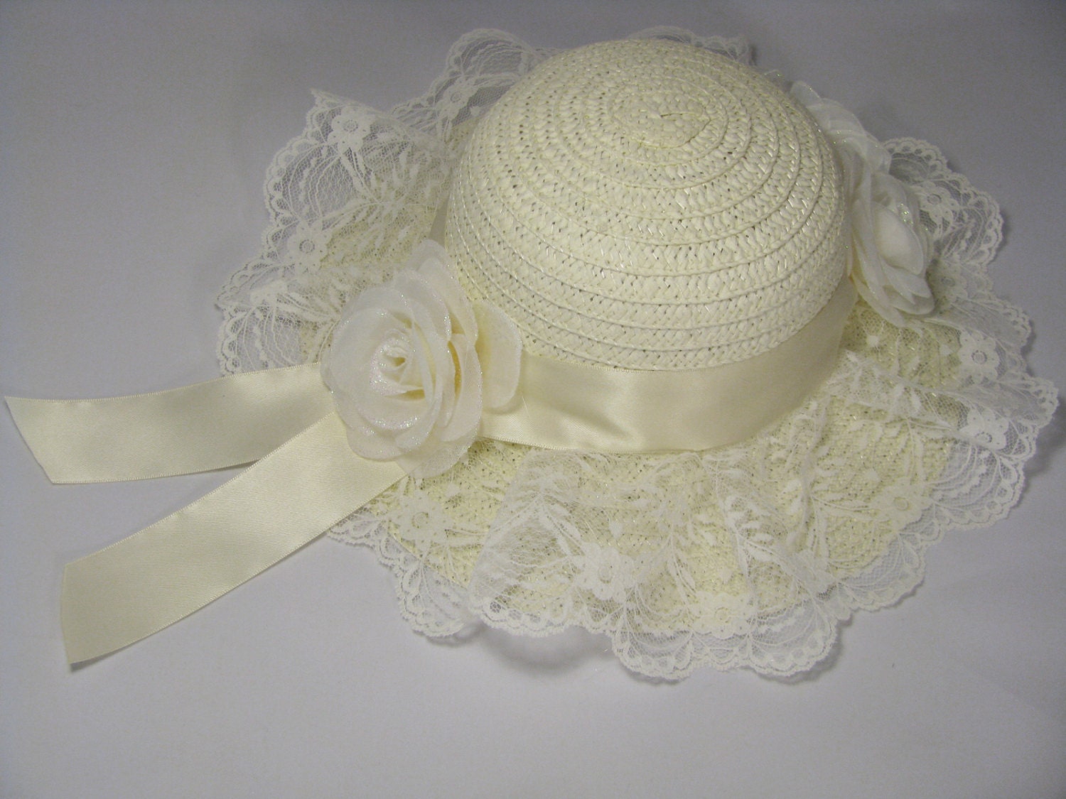 Girls Easter Hat - Tea Party Hat - Girls Sun Hat - Cream / Ivory Easter Bonnet with Cream Lace - Cream Icy Roses - Style J14