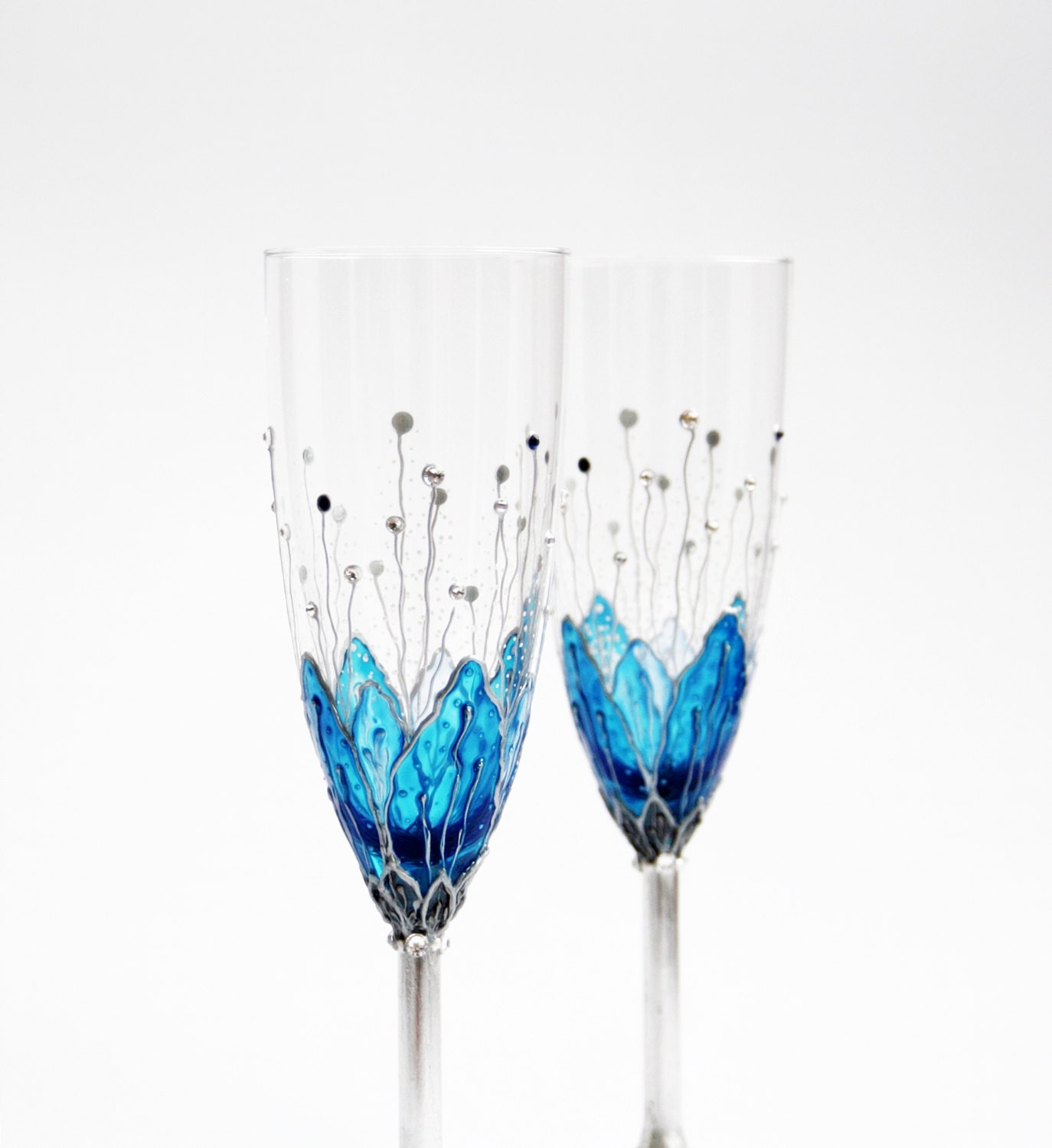 Hand Painted Flutes Toasting Champagne Wedding Anniversary Blue Flowers Silver Plated Swarovski Crystals Set of 2 - NevenaArtGlass
