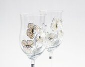 Orchids Wine Glasses Hand Painted set of 2 Cream Vanilla White Gold Silver  Swarovski Pearls and Cristals