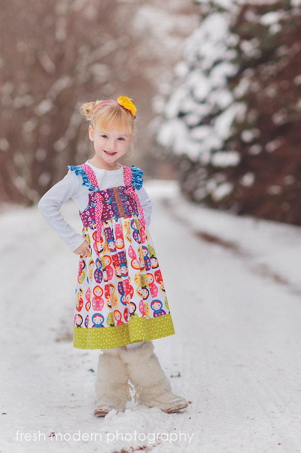 Matryoshka Doll Fabric Knotted Tie Toddler and Girl Dress