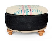 Foot Stool ottoman from saved landfill tire padded top with coffee sack and turned stool feet