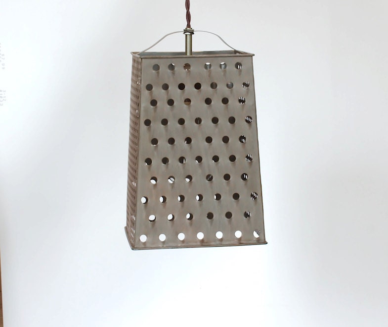 Industrial wedding hanging light from old kitchen grader with edison bulb