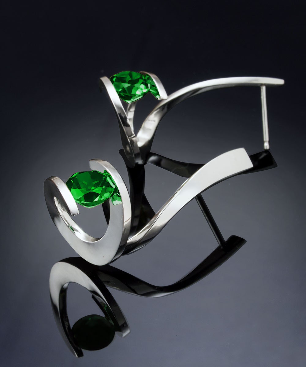 green topaz earrings - dangle - contemporary earrings - Argentium silver - posts - tension set - 2479
