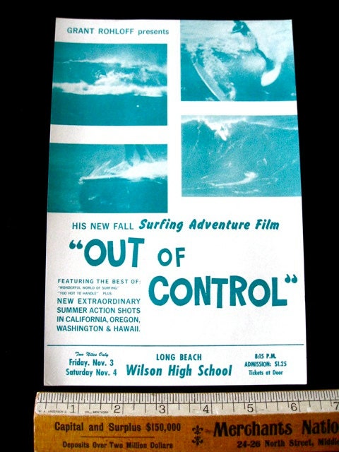 Rare Original Surf Film  Handbill Long Beach Sixties Out of Control Hawaii Califormia Surfing