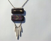 Huntress--Embroidered Wood Chevron with Arrow Charm and Howlite--Pink Yellow Gray--bib necklace