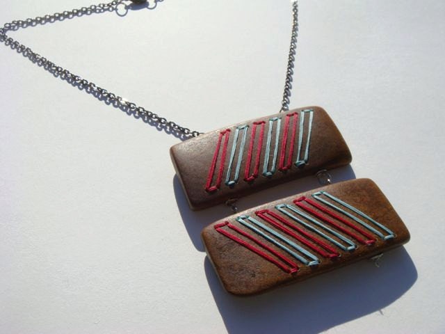 Warrior--Embroidered Wood Chevron Pendant---Cherry Red and Baby Blue