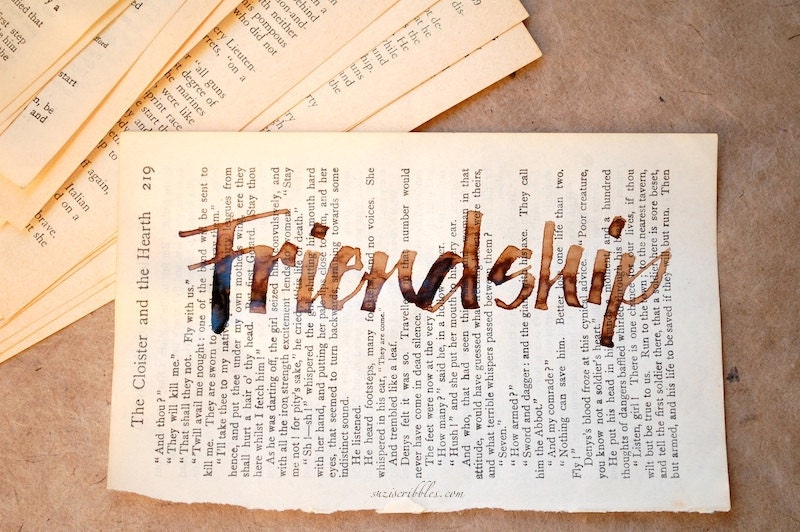 friendship, old book page, original calligraphy, vintage book, paper ephemera, best friend, collage paper