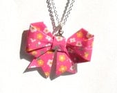 Hot pink with flowers origami paper blow / origami ribbon necklace pendant