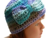 Crochet Bow Beanie Hat in Purple, Blue, Brown