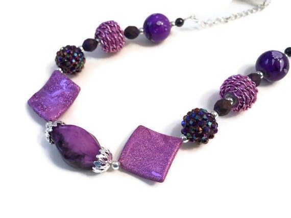 Purple Silver Beaded Chain Necklace / Modern / Geometric