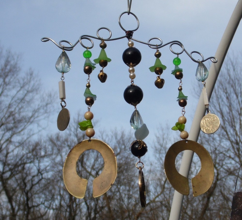 Vintage Blue Green Gold and Black Upcycled Jewelry  Windchime or Mobile Home and Garden Decor Yard Art Whimsy