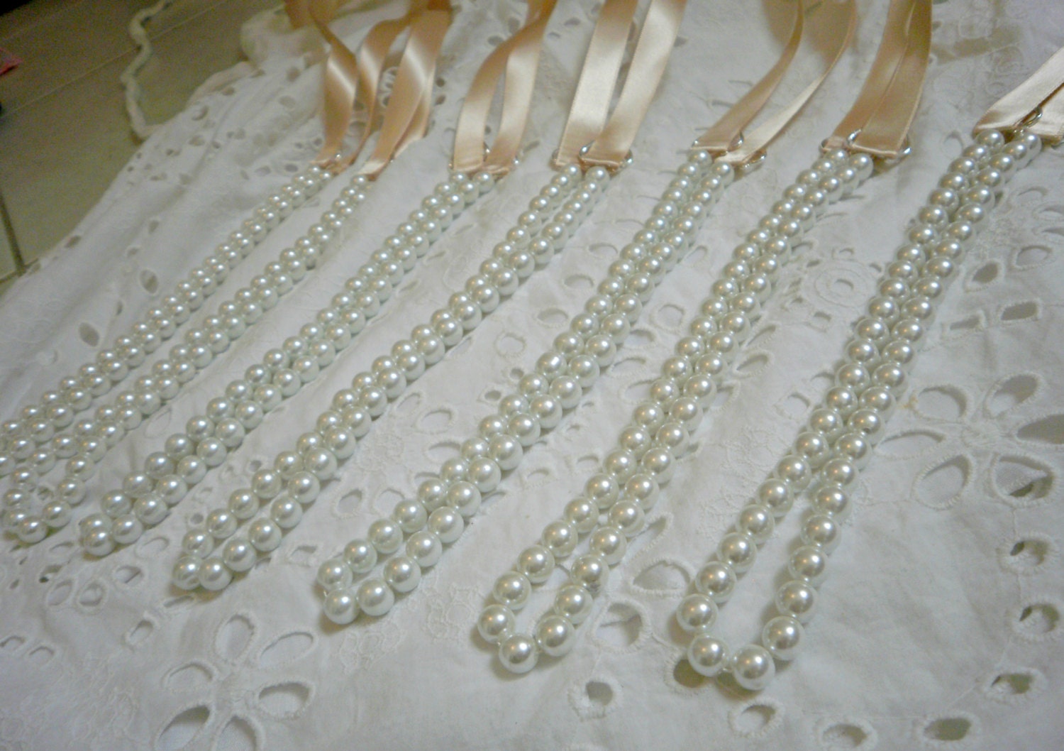Bridesmaids Pearl Necklace Gifts Set of Six (6) Pearl Ribbon Necklaces With White Pearls And Nude Satin Ribbon Bridesmaid Gifts