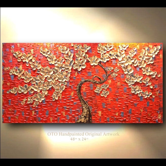 ORIGINAL Painting 24x48 Red Gold Silver Metallic Abstract Art painting tree flower Large Modern Contemporary Painting by OTO
