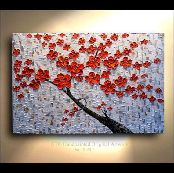 ORIGINAL Red Orange Flower Tree Painting 36x24 by tjenkinsarts