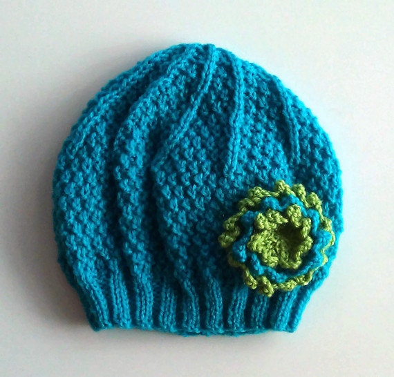 Girls Beanie Flower Hat in Turquoise & Green - Size Small 2 - 4 years