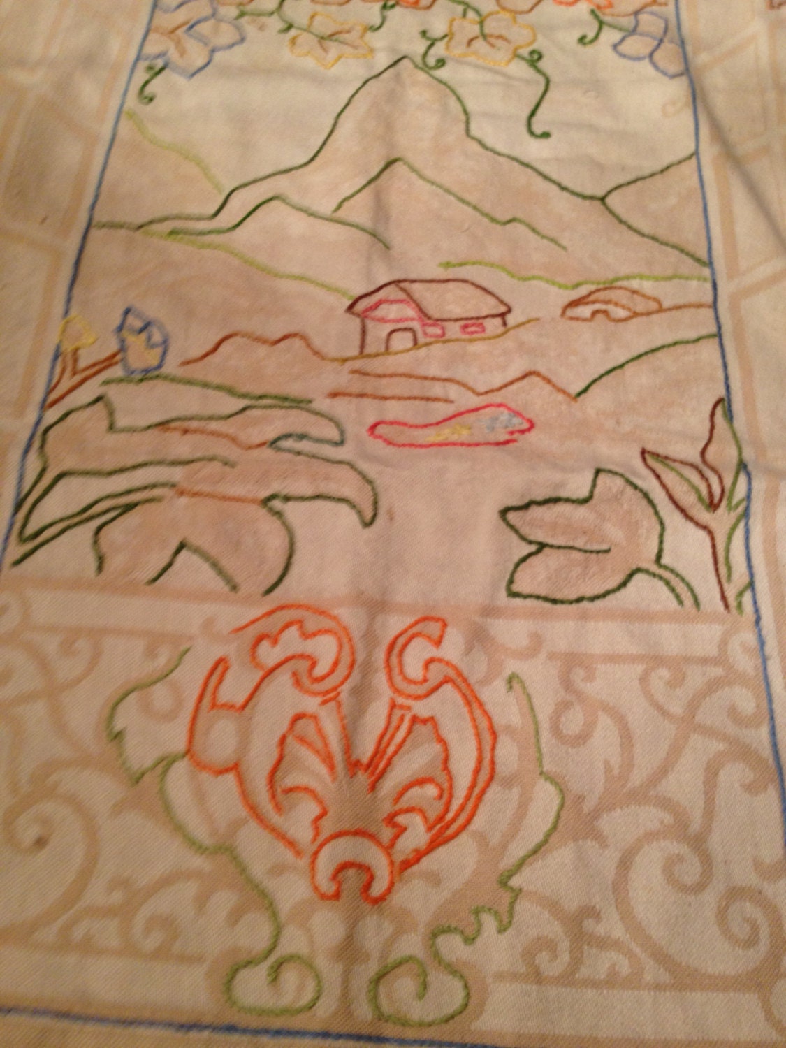 Vintage Cloth Wall Hanging with Embroidered Detailing Oriental Mountain House with Flowers  Orange Lime Green Blue and Pink