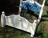 Vintage Upholstered Bed Headboard Footboard Rhinestone Peacock Blue Velvet White Paint BY CUSTOM ORDER