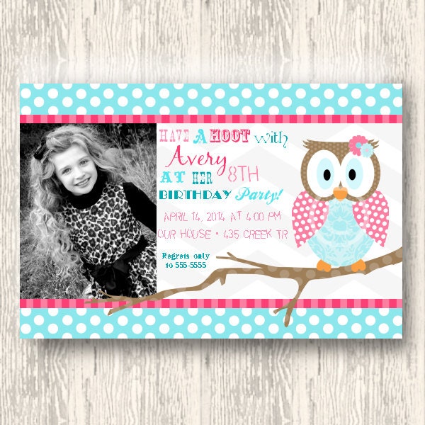 Girls Owl Invitation for Birthday Party or Baby Shower - Bright Pink and Aqua DIY Printable Invite by BeeAndDaisy