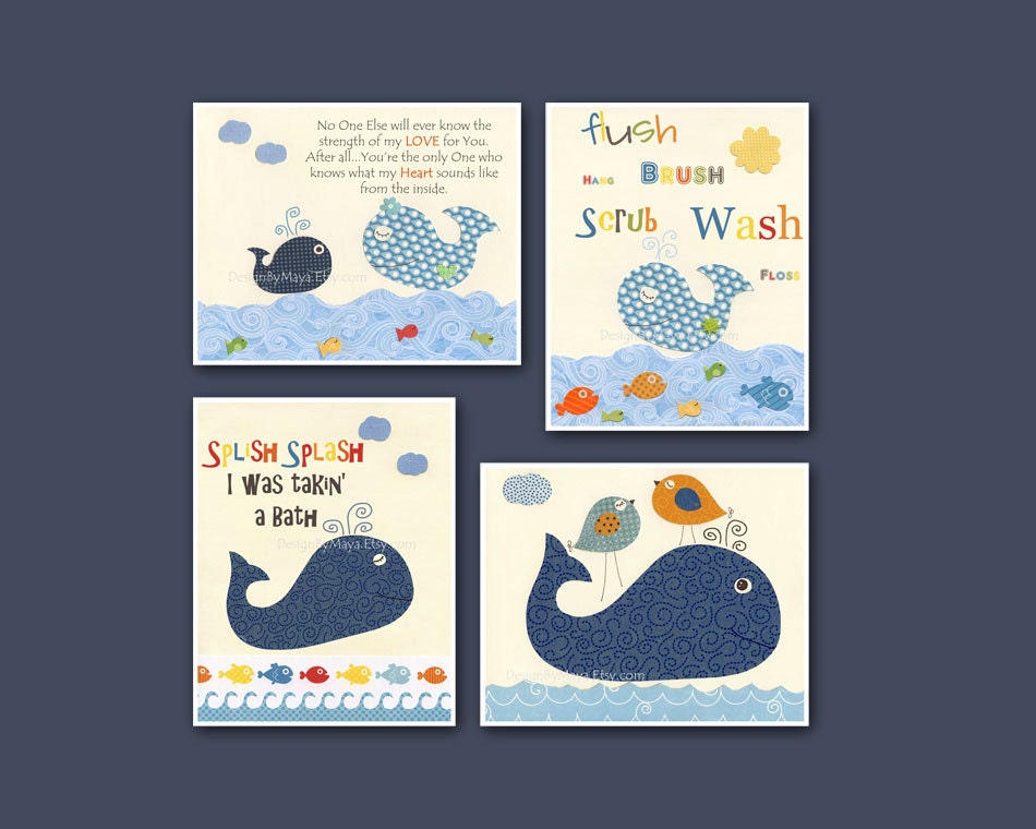 Bathroom print for kids, Nursery wall art, Bathroom decor kids, Jackson, Nursery Decor, set of 4 8x10, baby nursery whale, nautical print