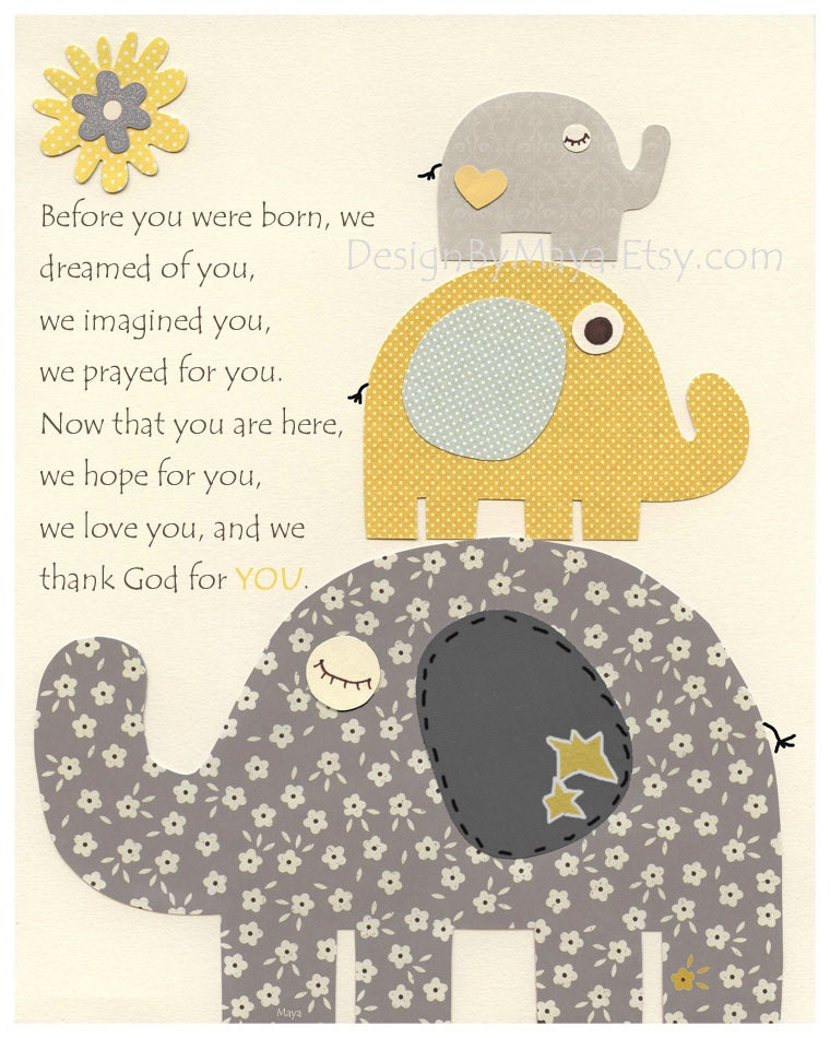 Elephant Nursery Art Decor, Elephant Print, Baby Elephant Nursery Decor, Elephant Wall Art // Before You Were Born // Gray Yellow