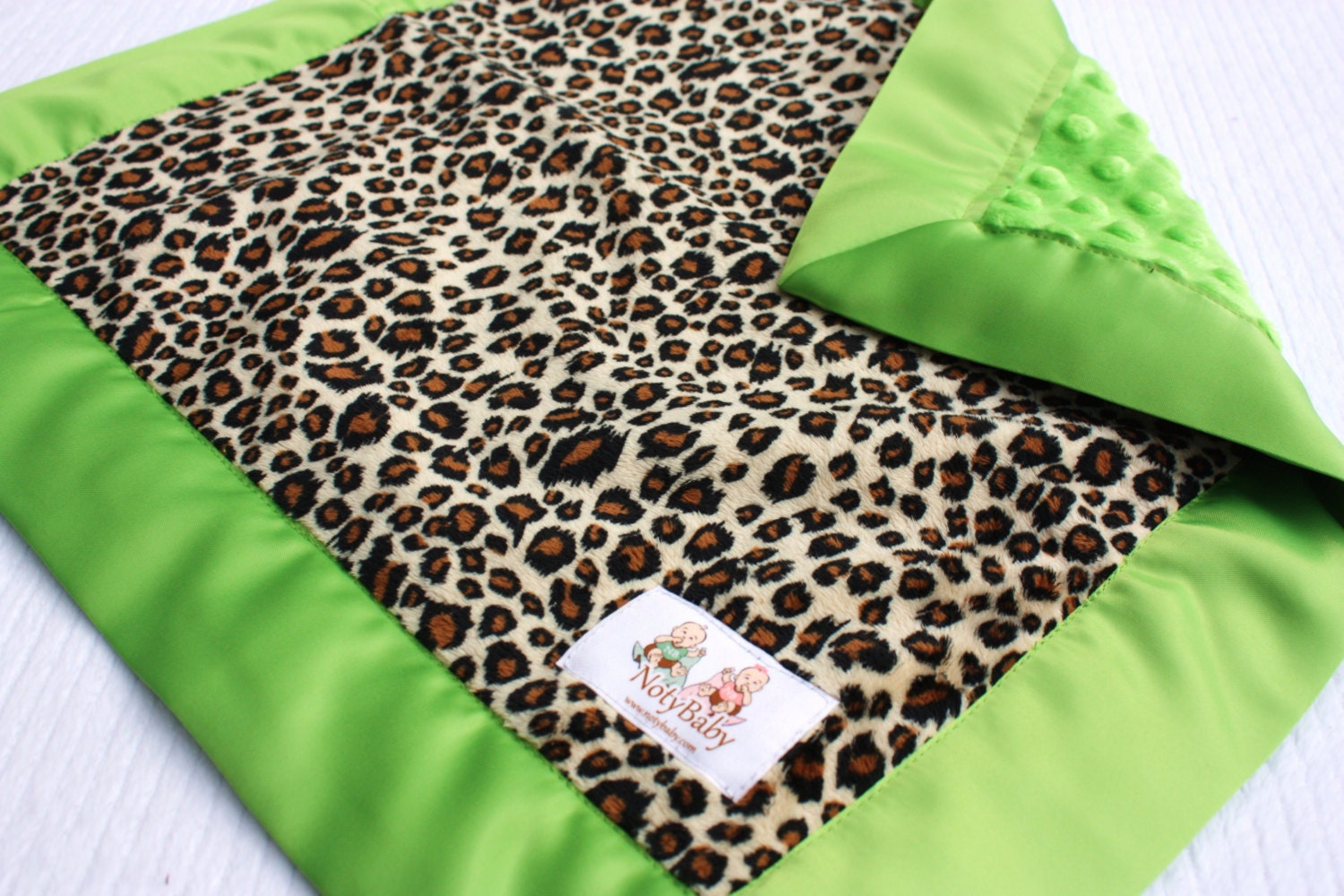 Minky Baby Security Blanket Lovey - Tan Cheetah Print Minky with Lime Minky & Satin Trim -- READY TO SHIP