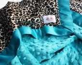 Double Minky Baby Stroller Blanket -- Tan Cheetah Print Minky with Teal Minky Dot & Satin Trim -- READY TO SHIP