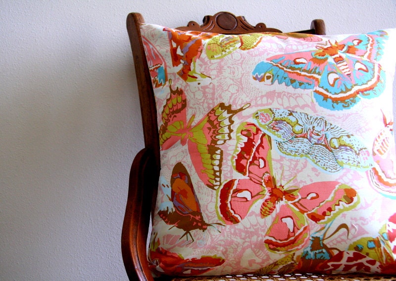 decorative throw pillow cover with ties / 18 x 18  / reversible / butterflies / rust peach pink teal gold yellow / cheetah print