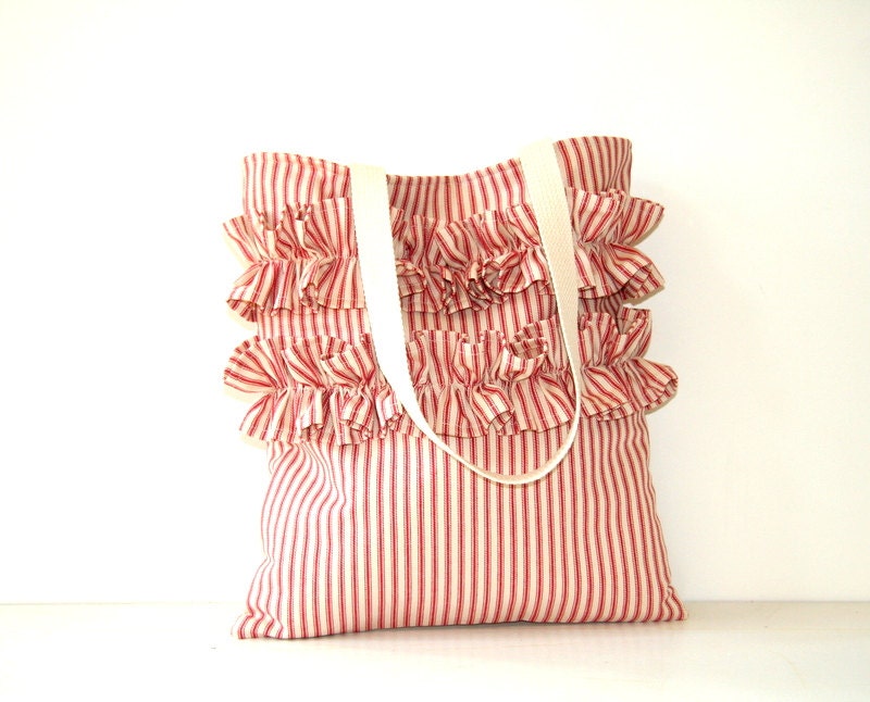 red and cream ruffled  tote bag / shabby chic / nautical / patriotic / stripes / farmhouse country / ticking fabric / spring summer fashion