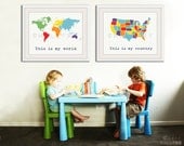Large world map print 16x20. Set of 2 USA map and world map poster wall art for playroom, kids wall art. 2-16x20 prints by WallFry